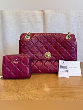 Kate Spade Natalia Quilted Leather Chain Shoulder Bag Burgundy + Wallet